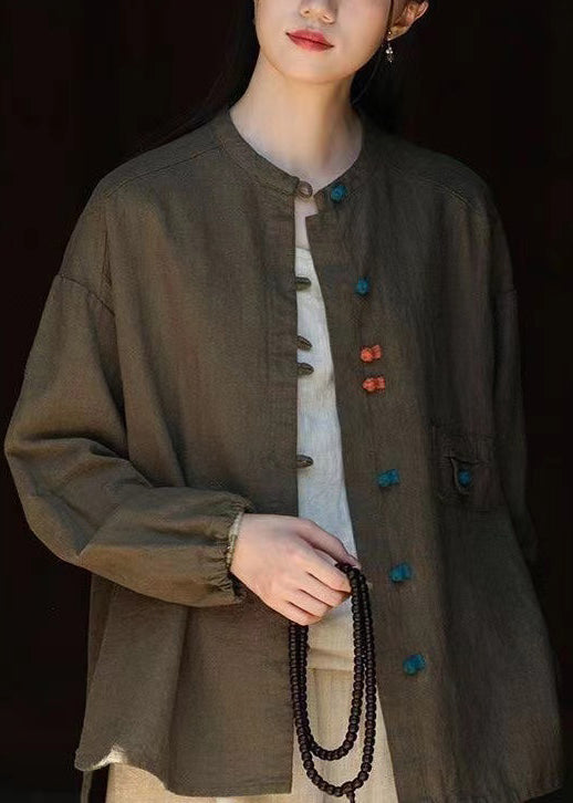 New Chinese Style Blackish Green Oriental Button Linen Coat Autumn QK021 BB-CTS241022