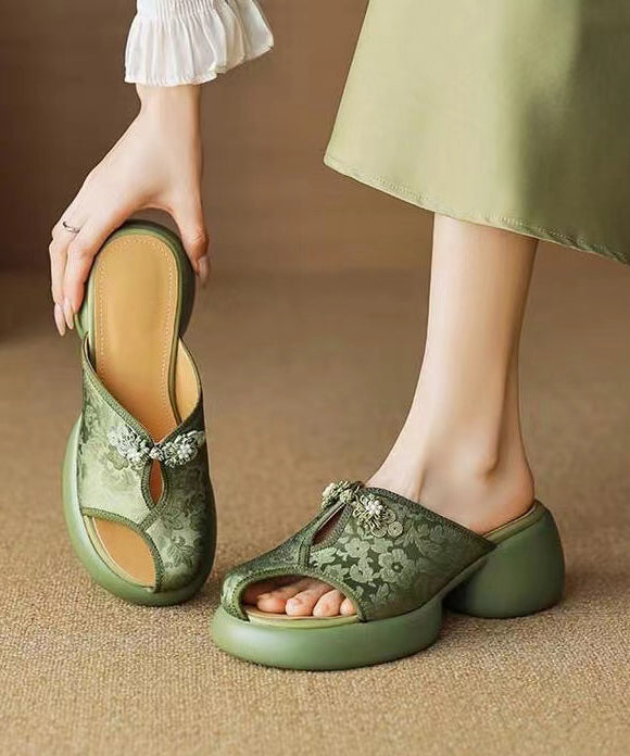 New Chinese Style Green Embroidered Chunky Heel Slide Sandals KJ032 Shoe-LT240714