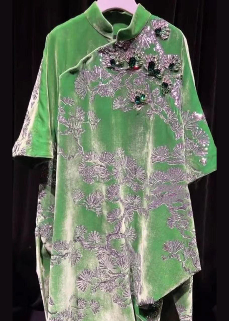 New Chinese Style Green Stand Collar Gilding Asymmetrical Design Dress Summer BV006 MZF-SDL240702