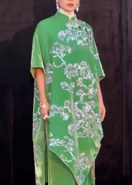 New Chinese Style Green Stand Collar Gilding Asymmetrical Design Dress Summer BV006 MZF-SDL240702