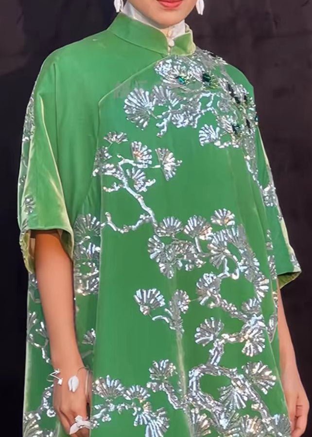 New Chinese Style Green Stand Collar Gilding Asymmetrical Design Dress Summer BV006 MZF-SDL240702