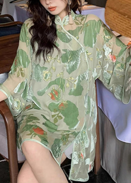 New Chinese Style Green Stand Collar Print Shirt Top Summer ZL062 SH-LF-LTP240621