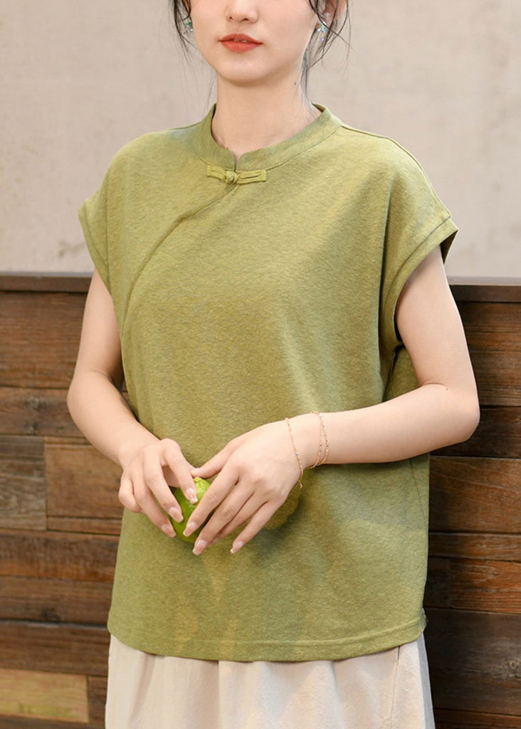 New Chinese Style Green Stand Collar T Shirt Short Sleeved LK024 GK-STP240710