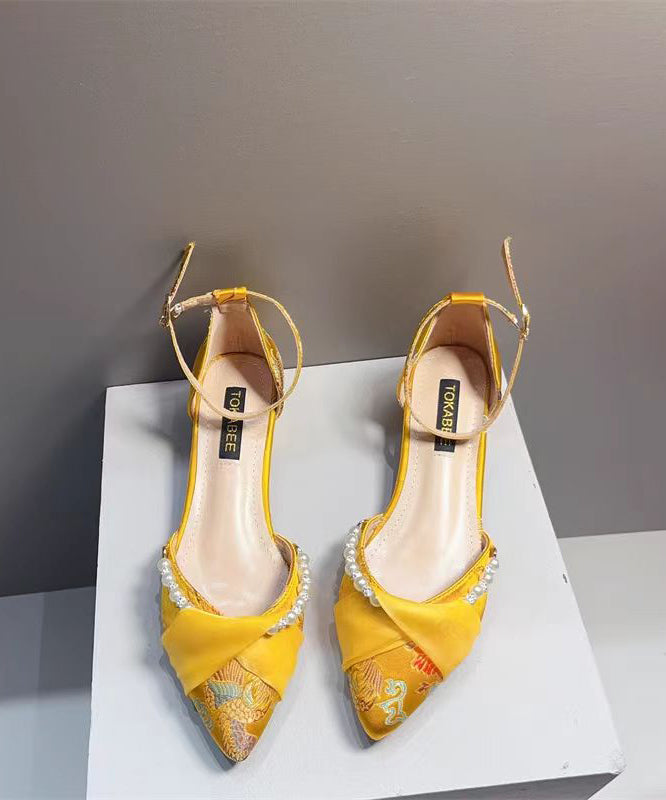 Chunky Pearl Pointed Embroidered Sandals New Heel Chinese Yellow FashionChic