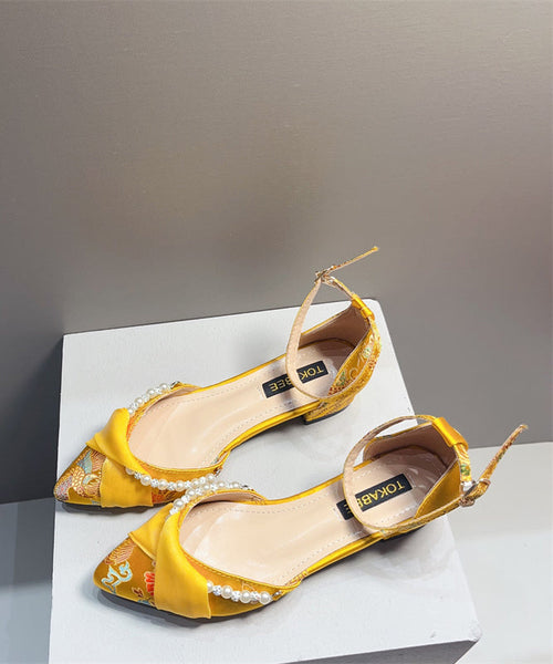Chunky Pearl Pointed Embroidered Sandals New Heel Chinese Yellow FashionChic