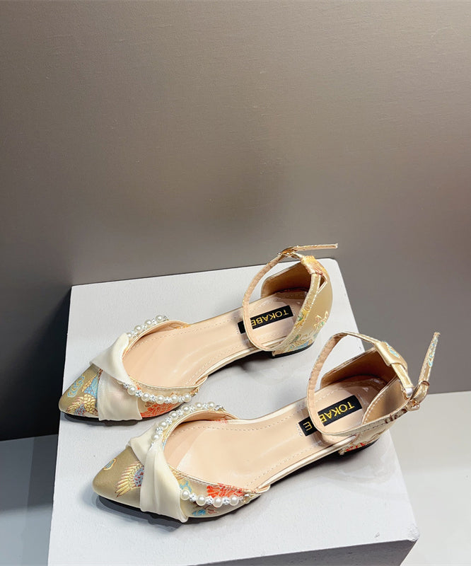 Chunky Pearl Pointed Embroidered Sandals New Heel Chinese Yellow FashionChic