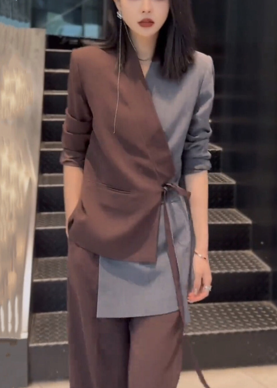 Patchwork Set Asymmetrical Two Lace Pieces Coffee Cotton Up New FashionChic