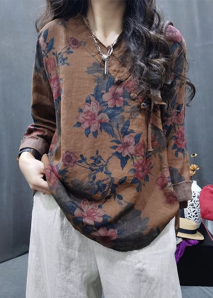 New Coffee Button Print Linen Top Long Sleeve GG035 MZF-LTP240610