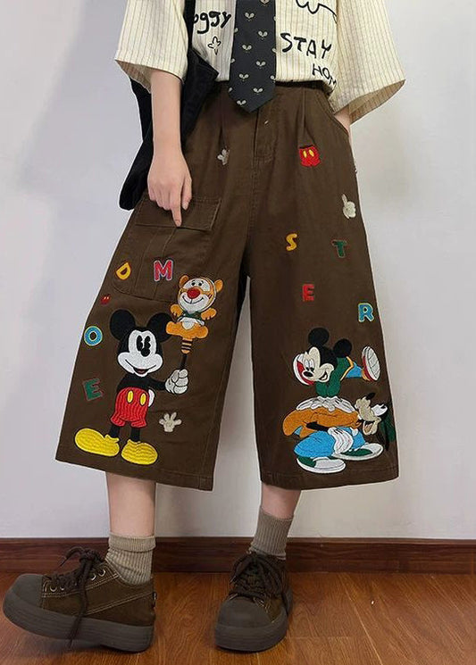 Print Summer New Coffee Pants Mens Denim Crop Cartoon Pockets FashionChic