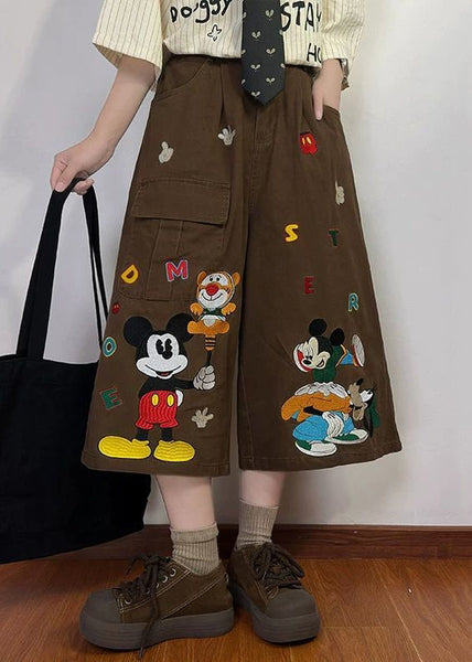 Print Summer New Coffee Pants Mens Denim Crop Cartoon Pockets FashionChic