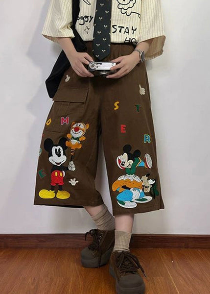 Print Summer New Coffee Pants Mens Denim Crop Cartoon Pockets FashionChic