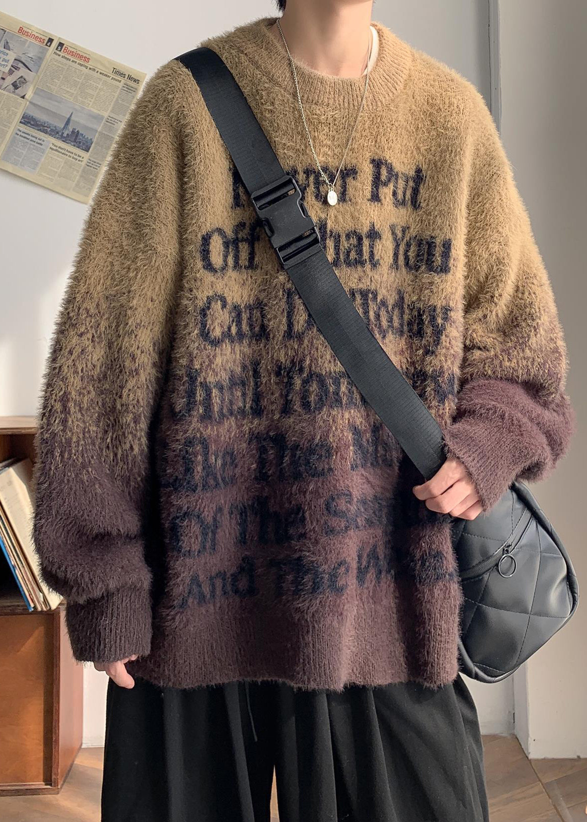 New Coffee Gradient Color Letter Mink Hair Knitted Men Sweaters Winter QF059 MENSW241016