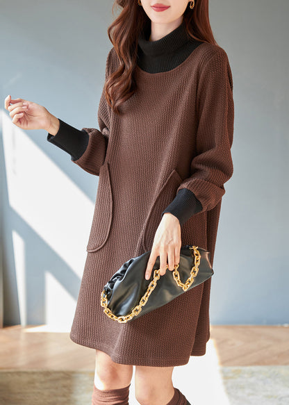 New Coffee Hign Neck Pockets Patchwork Warm Fleece Dresses Winter RL021 ABC