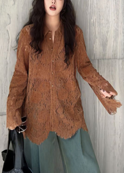 New Coffee Hollow Out Button Lace Blouses Flare Sleeve PP020 OM-NZ240827
