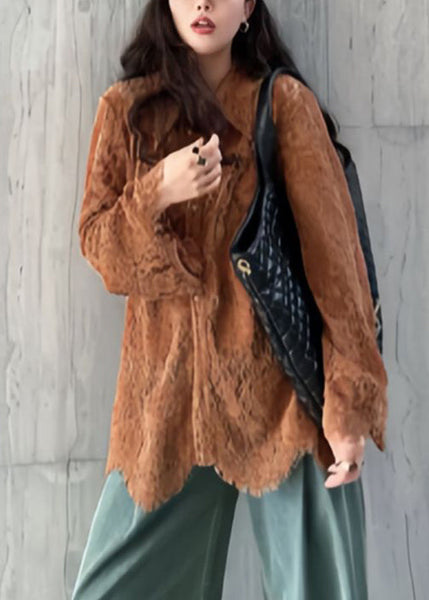 New Coffee Hollow Out Button Lace Blouses Flare Sleeve PP020 OM-NZ240827