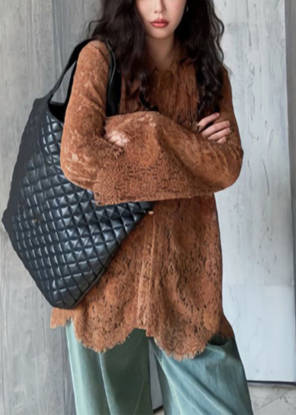 New Coffee Hollow Out Button Lace Blouses Flare Sleeve PP020 OM-NZ240827