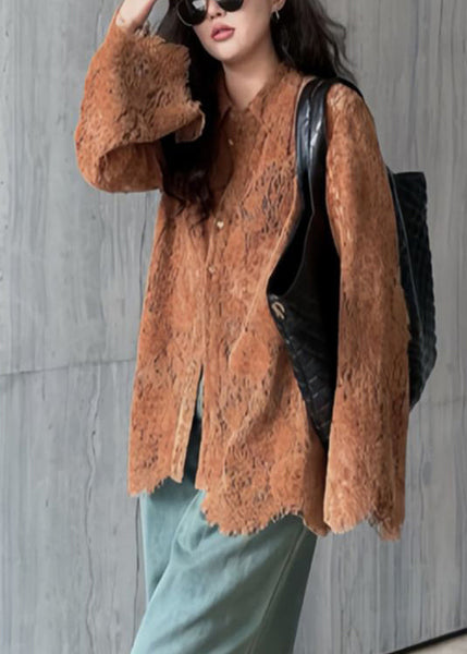 New Coffee Hollow Out Button Lace Blouses Flare Sleeve PP020 OM-NZ240827