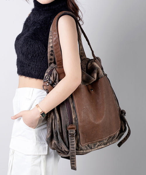 New Coffee Large Capacity Cowhide Spliced Canvas Satchel Bag Handbag MM049 Bag-BGS240620