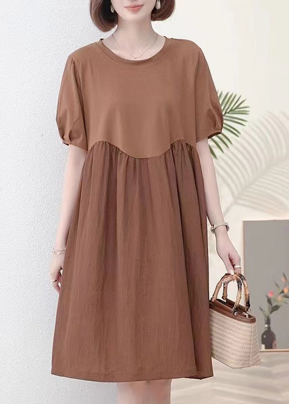 New Coffee O Neck Wrinkled Cotton Dress Short Sleeve MN039 MMDM-SDM240704