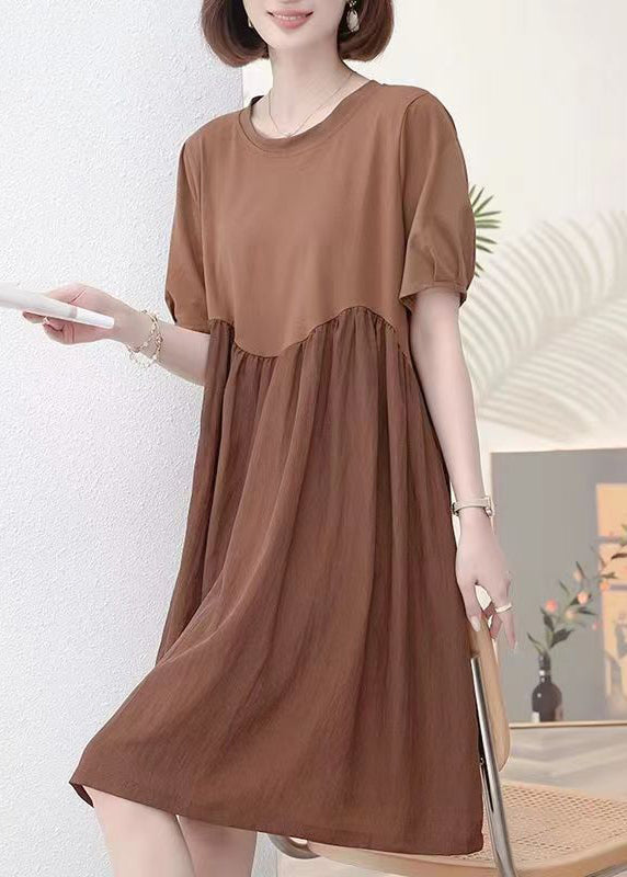 New Coffee O Neck Wrinkled Cotton Dress Short Sleeve MN039 MMDM-SDM240704