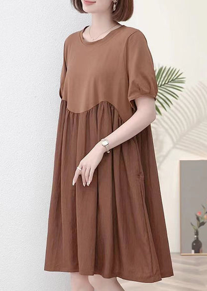 New Coffee O Neck Wrinkled Cotton Dress Short Sleeve MN039 MMDM-SDM240704