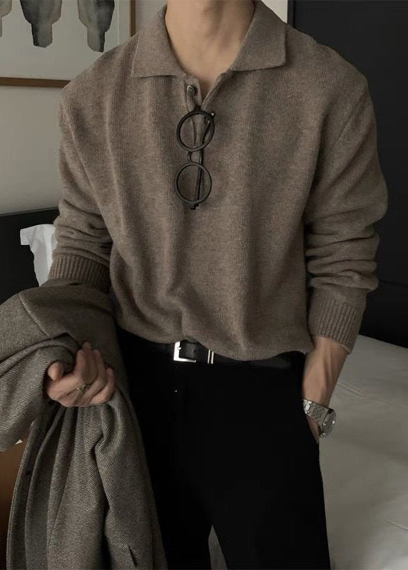 New Coffee Peter Pan Collar Button Knit Sweaters Men Spring TK008