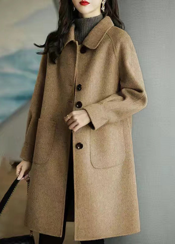 New Coffee Peter Pan Collar Fine Cotton Filled Pockets Woolen Coat Winter RS027 ABC