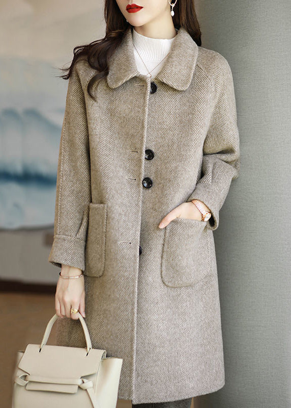 New Coffee Peter Pan Collar Fine Cotton Filled Pockets Woolen Coat Winter RS027 ABC