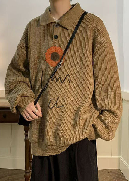 New Coffee Peter Pan Collar Print Knit Mens Sweaters Fall QH024 MENSW241019