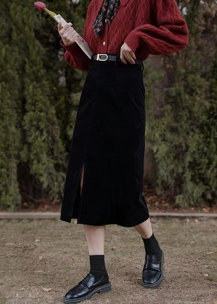 Nouvelle jupe en velours côtelé taille haute ouverte sur le côté, couleur café, hiver TU042