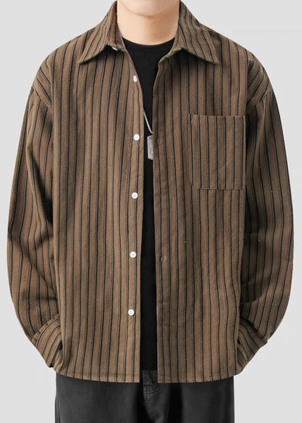 New Striped Shirts Pockets Coffee Button Men Spring Cotton FashionChic