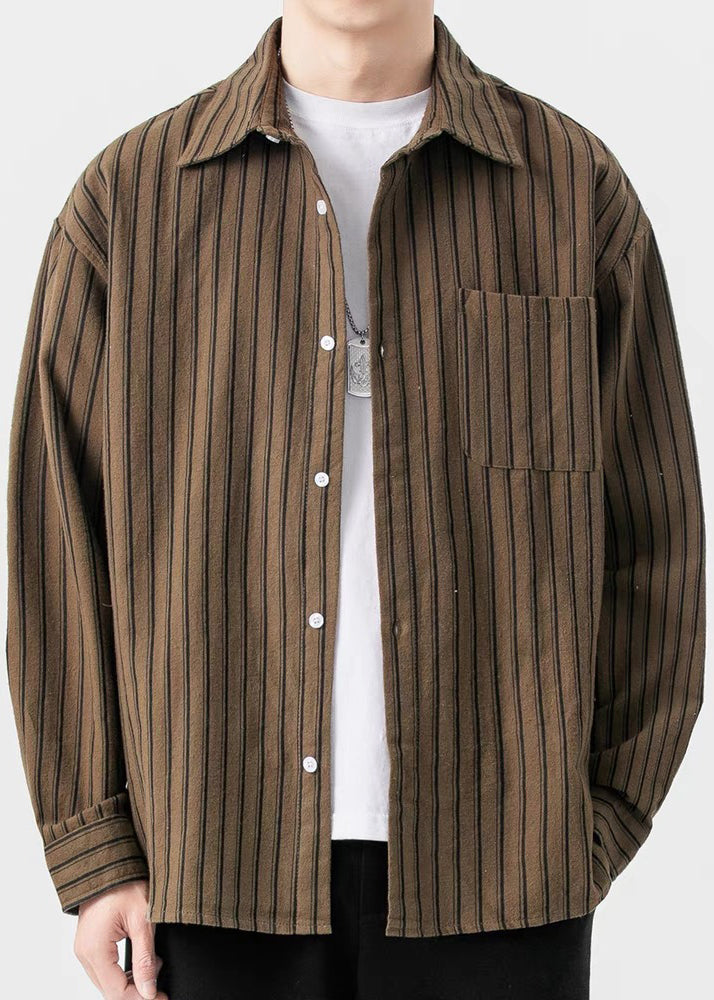 New Striped Shirts Pockets Coffee Button Men Spring Cotton FashionChic