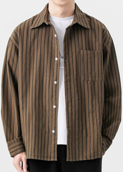New Striped Shirts Pockets Coffee Button Men Spring Cotton FashionChic