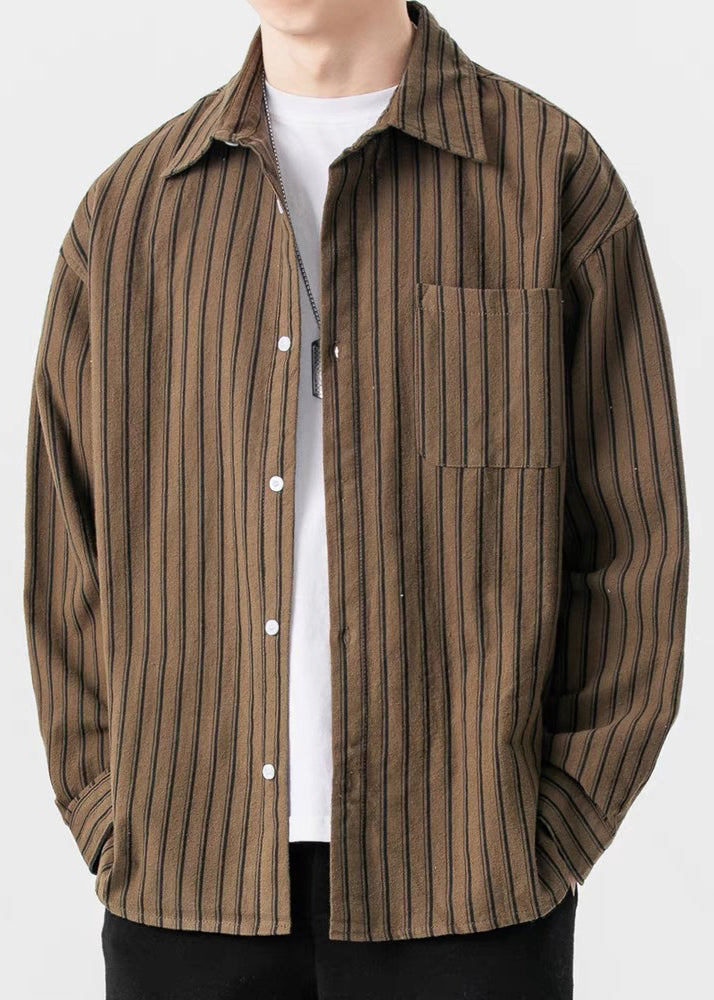New Striped Shirts Pockets Coffee Button Men Spring Cotton FashionChic
