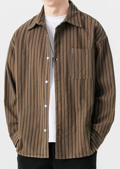 New Striped Shirts Pockets Coffee Button Men Spring Cotton FashionChic