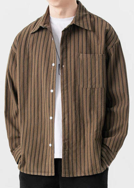 New Striped Shirts Pockets Coffee Button Men Spring Cotton FashionChic