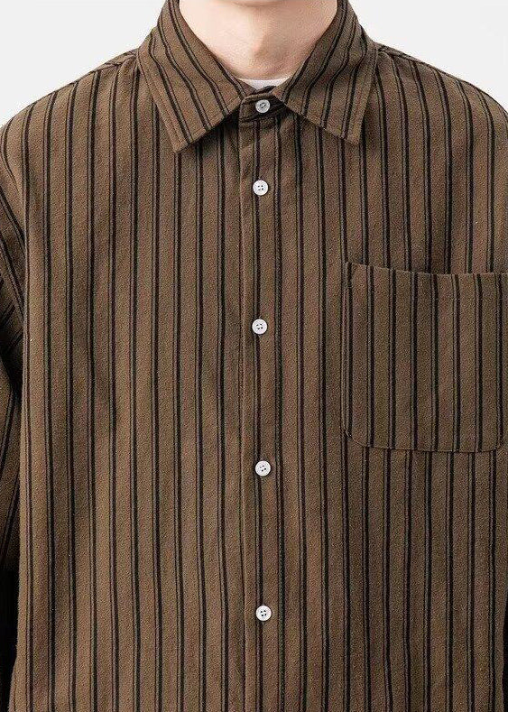 New Striped Shirts Pockets Coffee Button Men Spring Cotton FashionChic