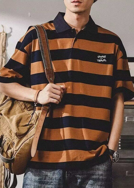 Mens New Print Coffee Shirt Summer Polo Striped Cotton FashionChic
