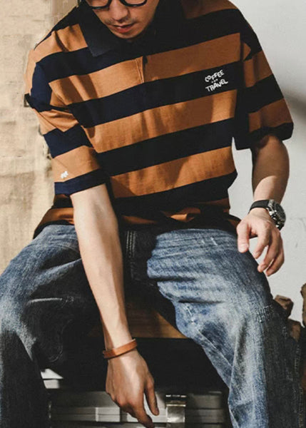 Mens New Print Coffee Shirt Summer Polo Striped Cotton FashionChic