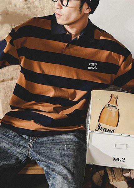 Mens New Print Coffee Shirt Summer Polo Striped Cotton FashionChic