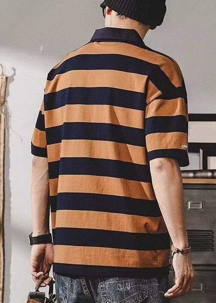 Mens New Print Coffee Shirt Summer Polo Striped Cotton FashionChic