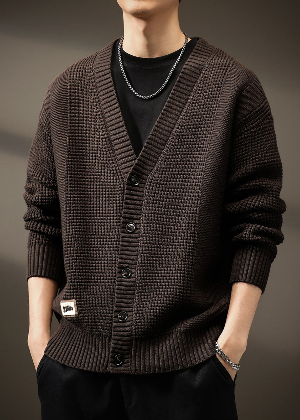 Men Solid Button Spring Neck New Coffee Cardigans V Knit FashionChic