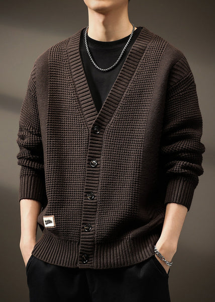 Men Solid Button Spring Neck New Coffee Cardigans V Knit FashionChic