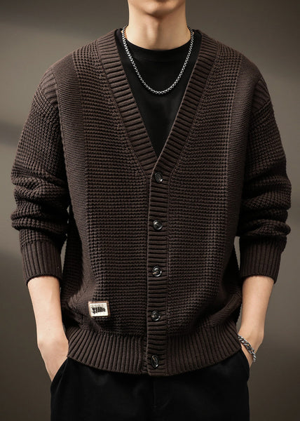 Men Solid Button Spring Neck New Coffee Cardigans V Knit FashionChic