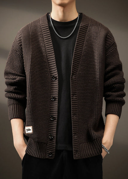 Men Solid Button Spring Neck New Coffee Cardigans V Knit FashionChic
