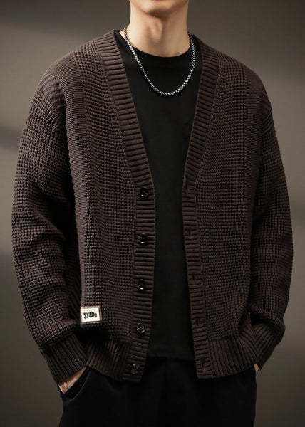 Men Solid Button Spring Neck New Coffee Cardigans V Knit FashionChic