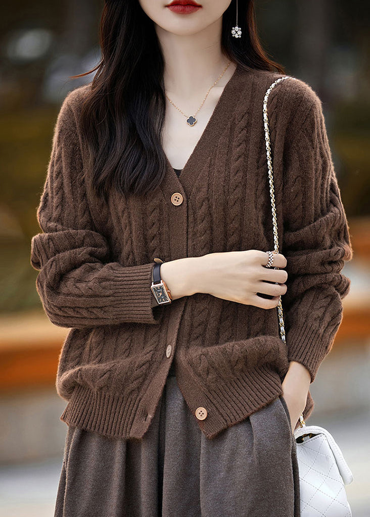 New Coffee V Neck Button Woolen Knit Cardigans Fall AB1057 Genistyle Shop