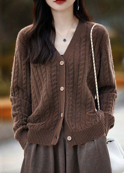 New Coffee V Neck Button Woolen Knit Cardigans Fall AB1057 Genistyle Shop