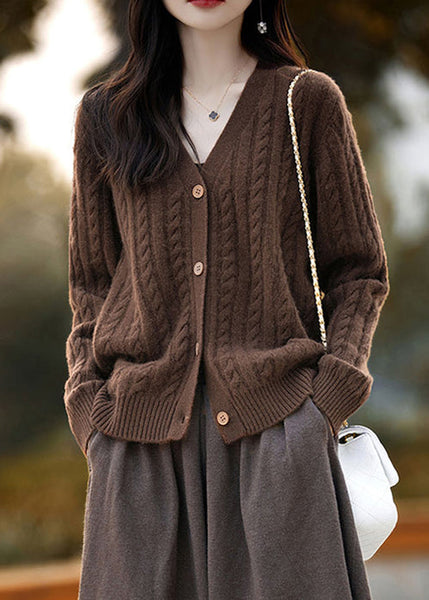 New Coffee V Neck Button Woolen Knit Cardigans Fall AB1057 Genistyle Shop