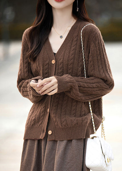 New Coffee V Neck Button Woolen Knit Cardigans Fall AB1057 Genistyle Shop